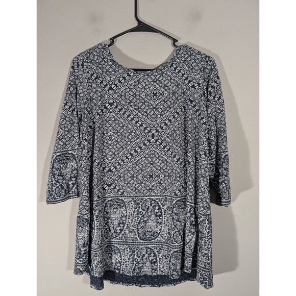 Lucky Brand Womens Navy Paisley Print 3/4 Sleeve Top Sz 1X Casual Mature Boho - Picture 1 of 7